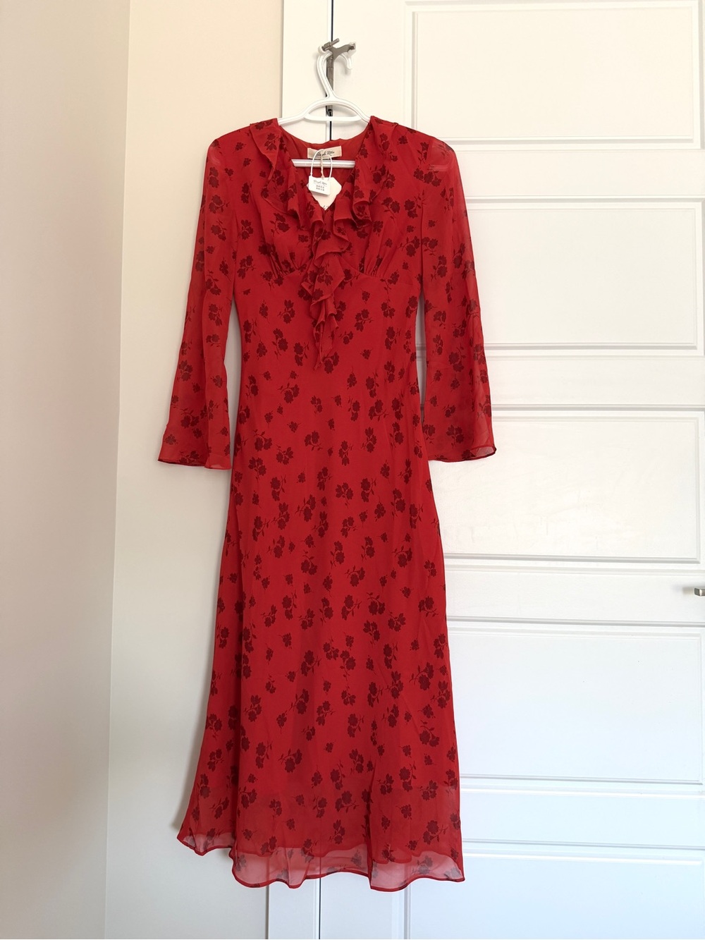 Brand new Red Floral Ruffle-Front Midi Dress